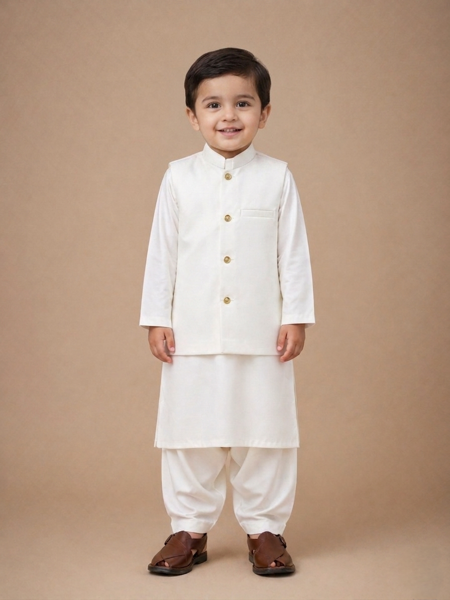 Child wearing a traditional white Shalwar Kameez with White Waistcoat