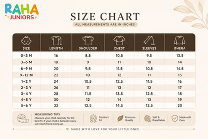 Thobe Jubba Size Chart for Boys 0 to 6 Years