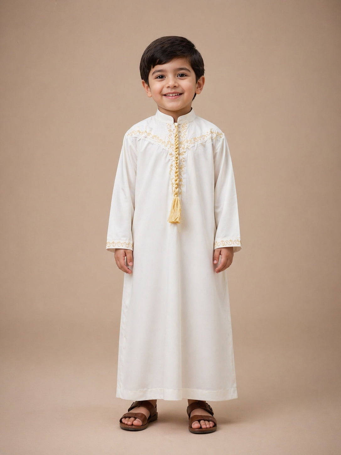 Child wearing a white Thobe Jubba traditional outfit with gold embroidery on a beige background